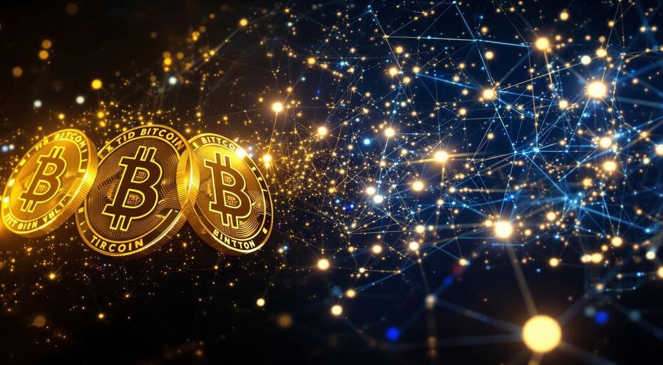 Bitcoin coins merging into digital nodes on dark background