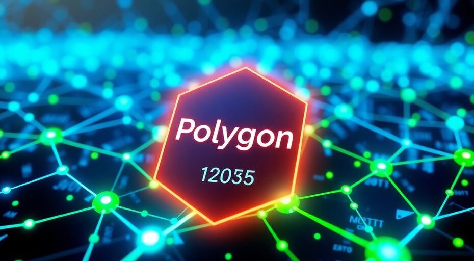 Futuristic digital landscape with Polygon logo and data flow.