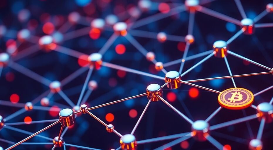 Interconnected blockchain nodes with digital currency elements.