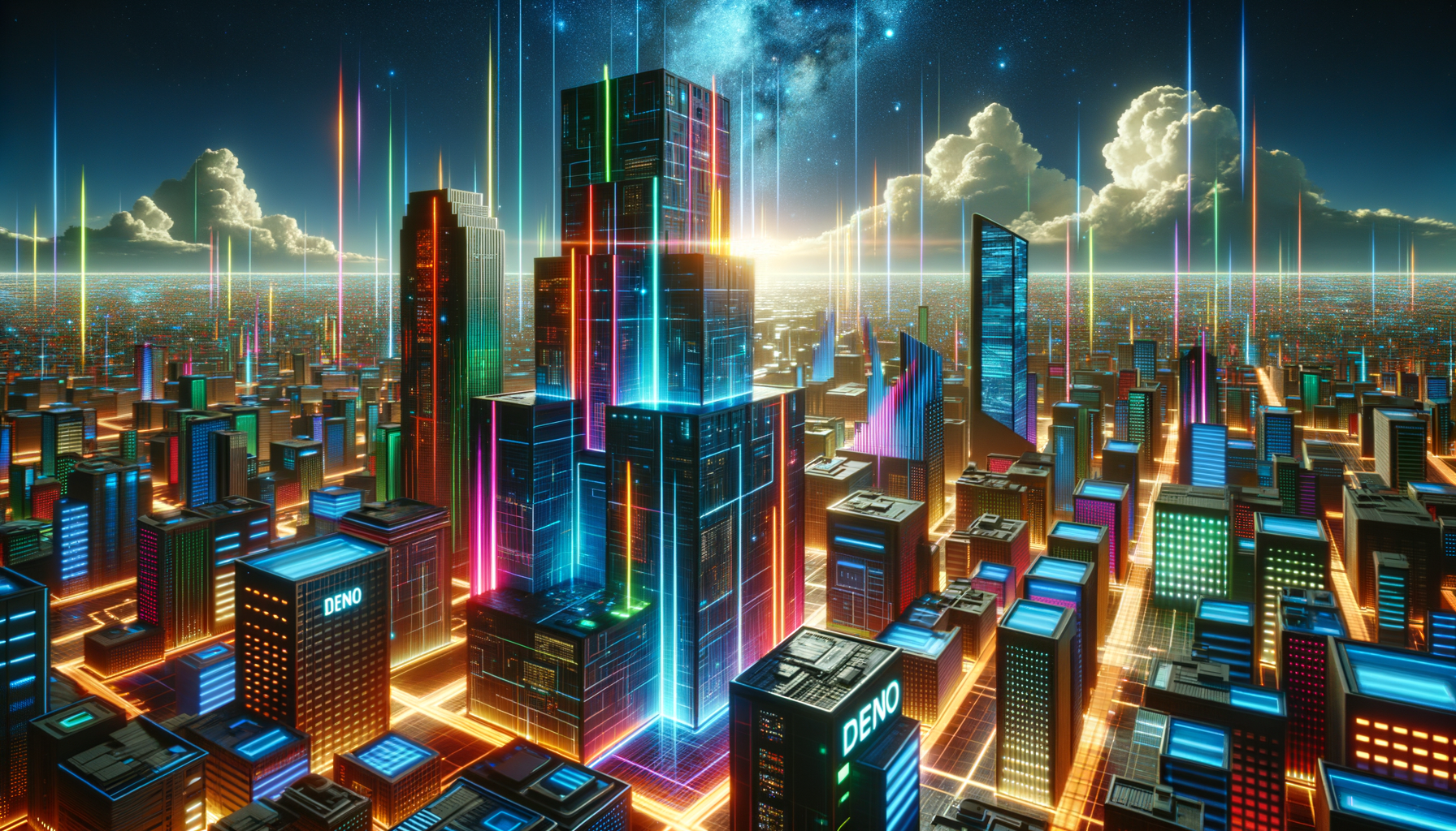 Eye-catching visual of Deno, Deno Deploy, Deno Fresh
and  AI technology vibes