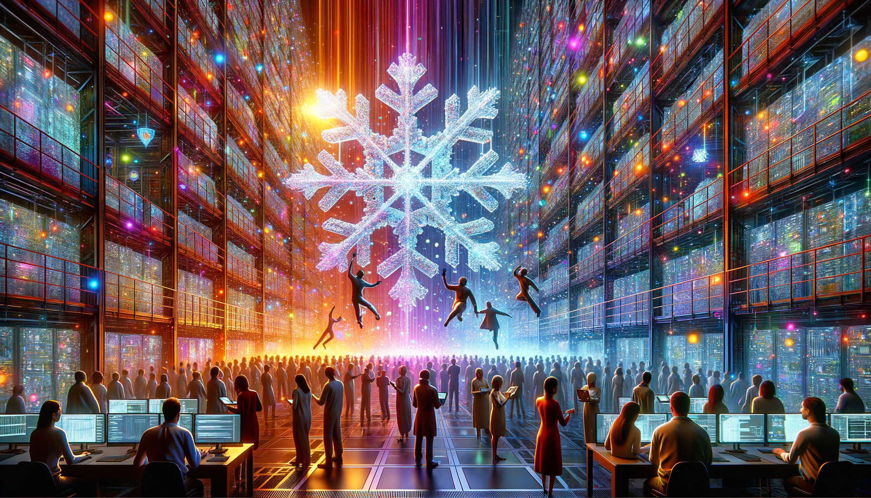 Eye-catching visual of Snowflake, data warehouse, data scientists
and  AI technology vibes