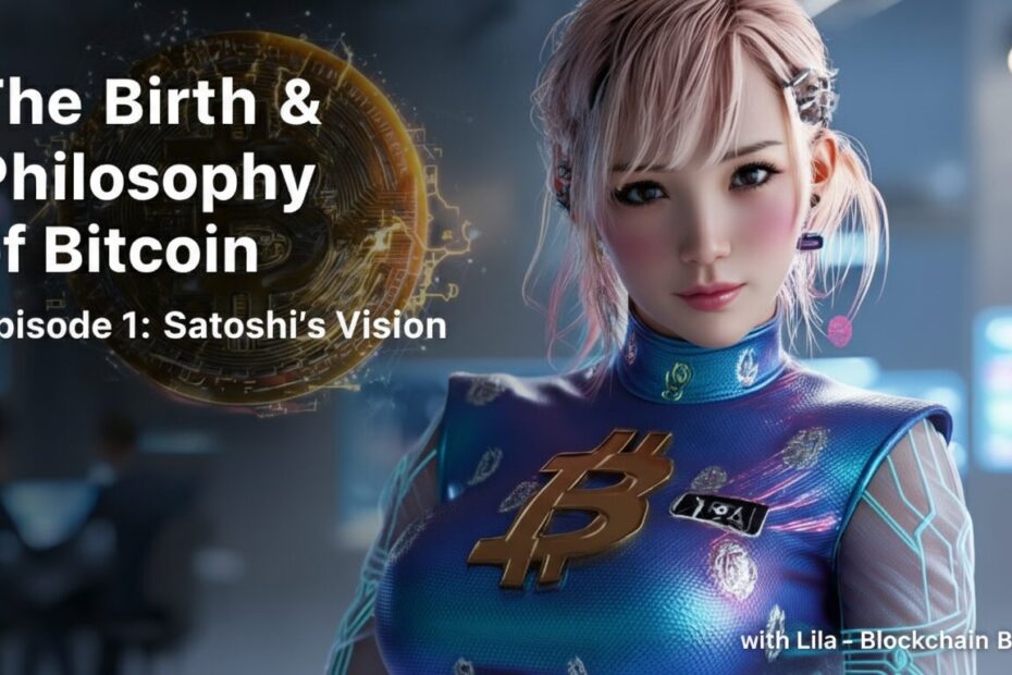 Futuristic character with Bitcoin symbol.