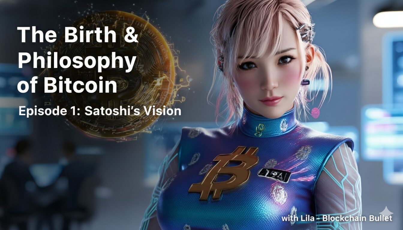 Futuristic character with Bitcoin symbol.