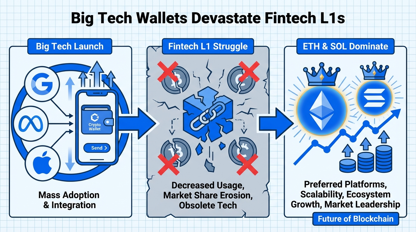Diagram of blockchain architecture showing Big Tech wallet integration with Ethereum and Solana