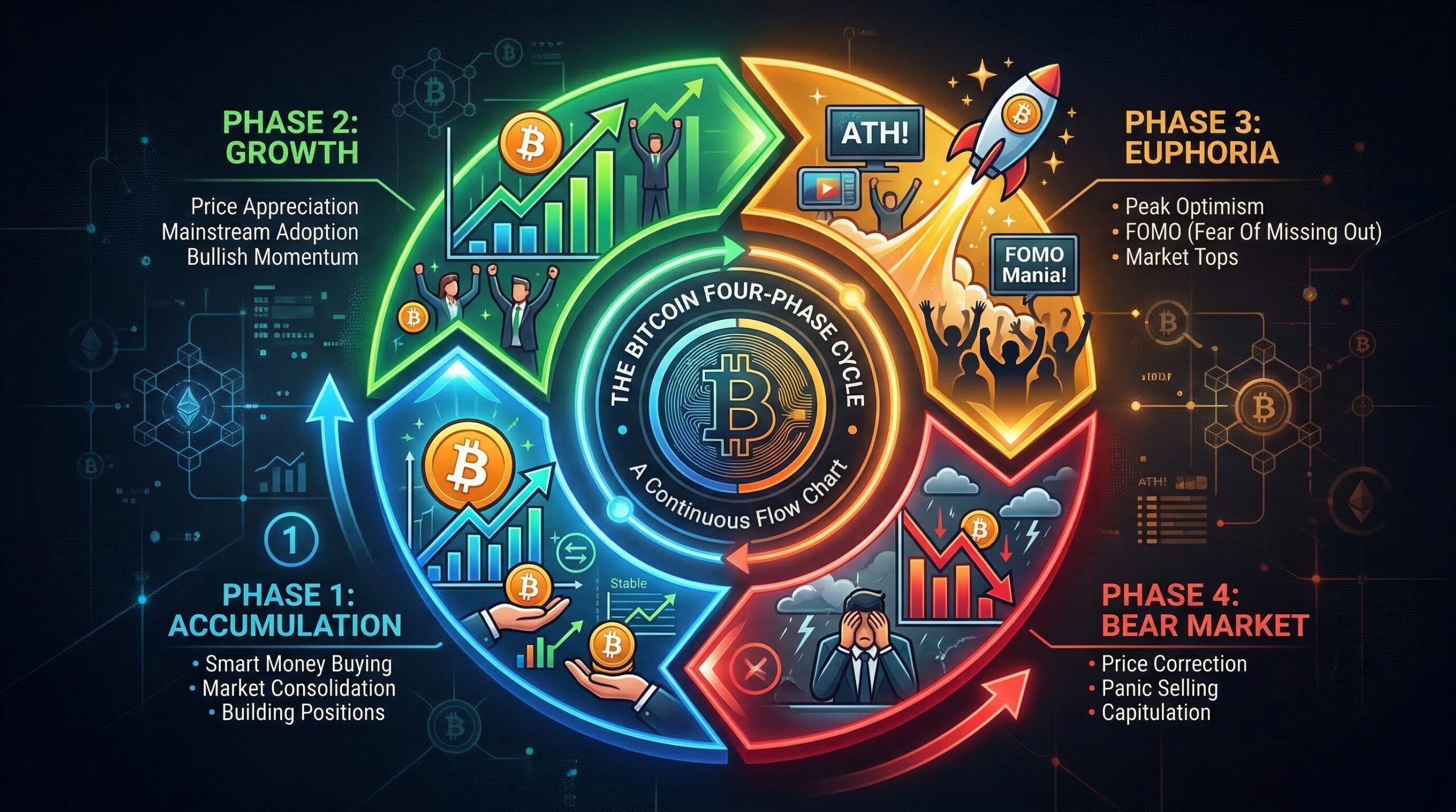 Four-phase cycle diagram for Bitcoin: Phase 1 Accumulation, Phase 2 Growth, Phase 3 Euphoria, Phase 4 Crash - with psychological sentiment labels and investor emotion indicators