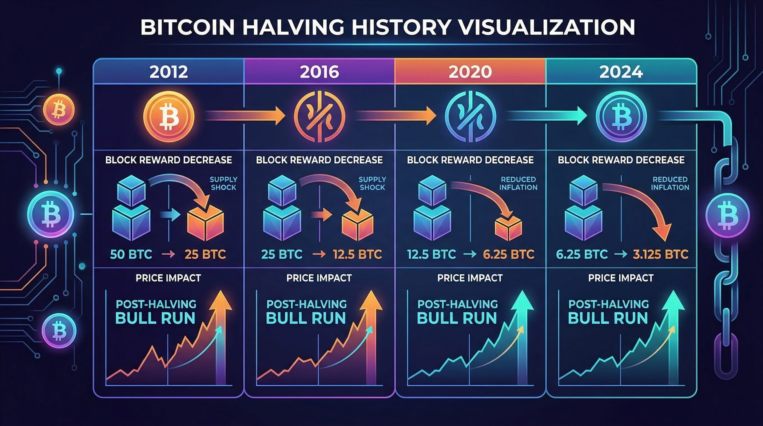 Bitcoin halving history table visualization: 2012, 2016, 2020, 2024 halvings with corresponding bull market peaks and percentage gains, shown as a visual timeline