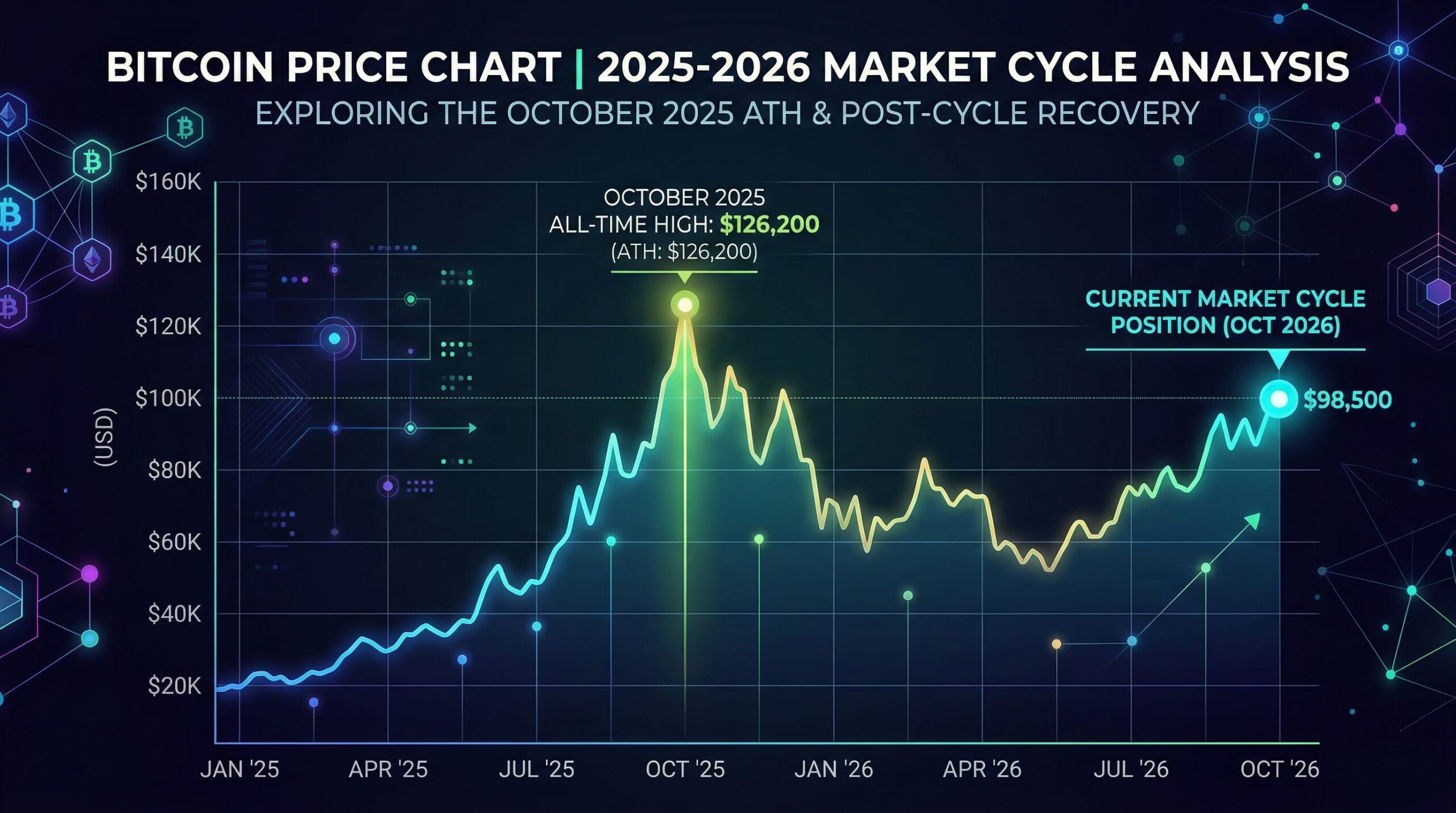 Bitcoin price chart 2025-2026 showing October 2025 all-time high at $126,200 and subsequent correction, with key support levels marked at $80K and $67K