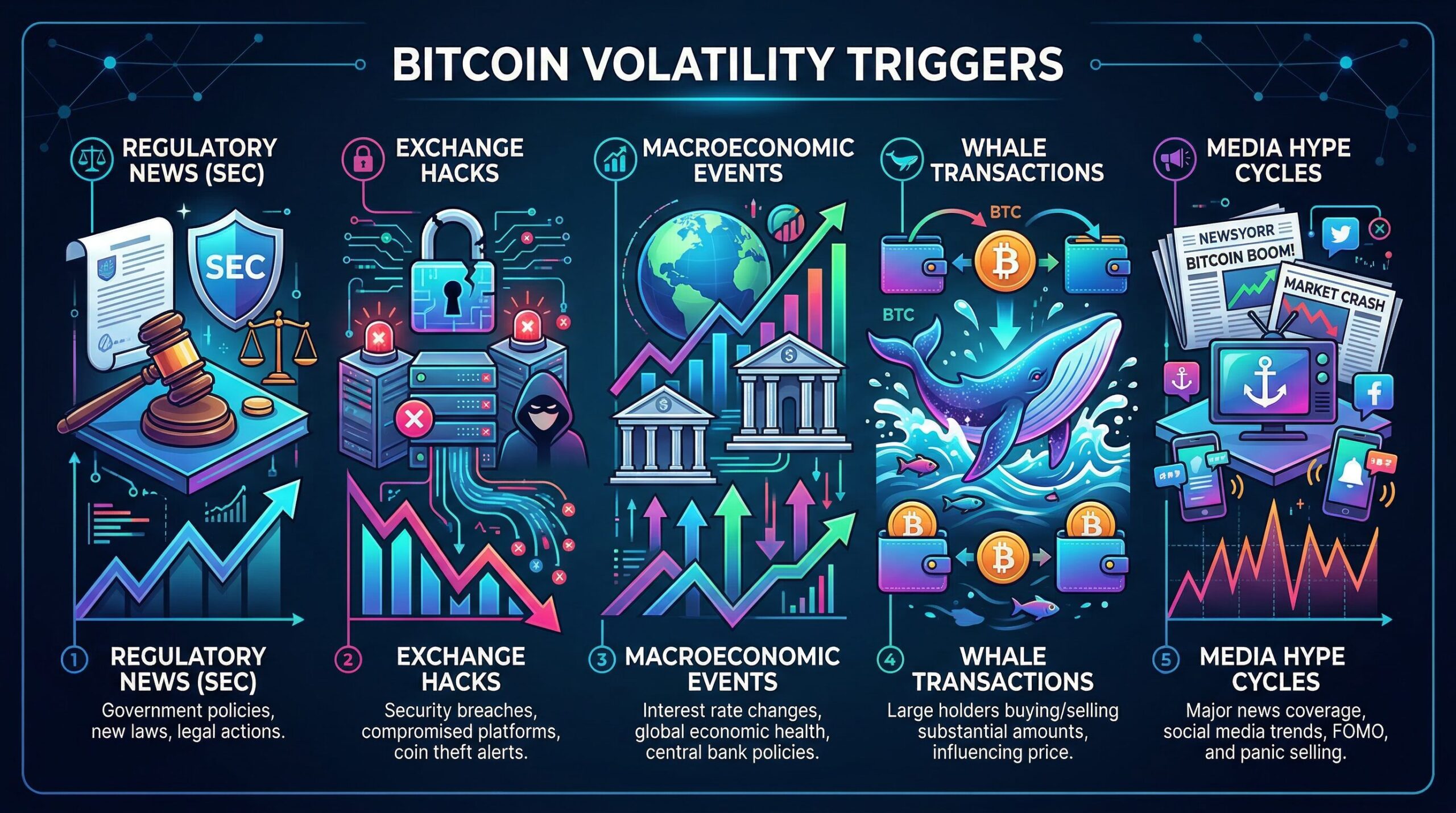 Infographic showing Bitcoin volatility triggers: regulatory news (SEC), exchange events (FTX), macro factors (Fed rates), whale movements - with arrows showing price impact direction
