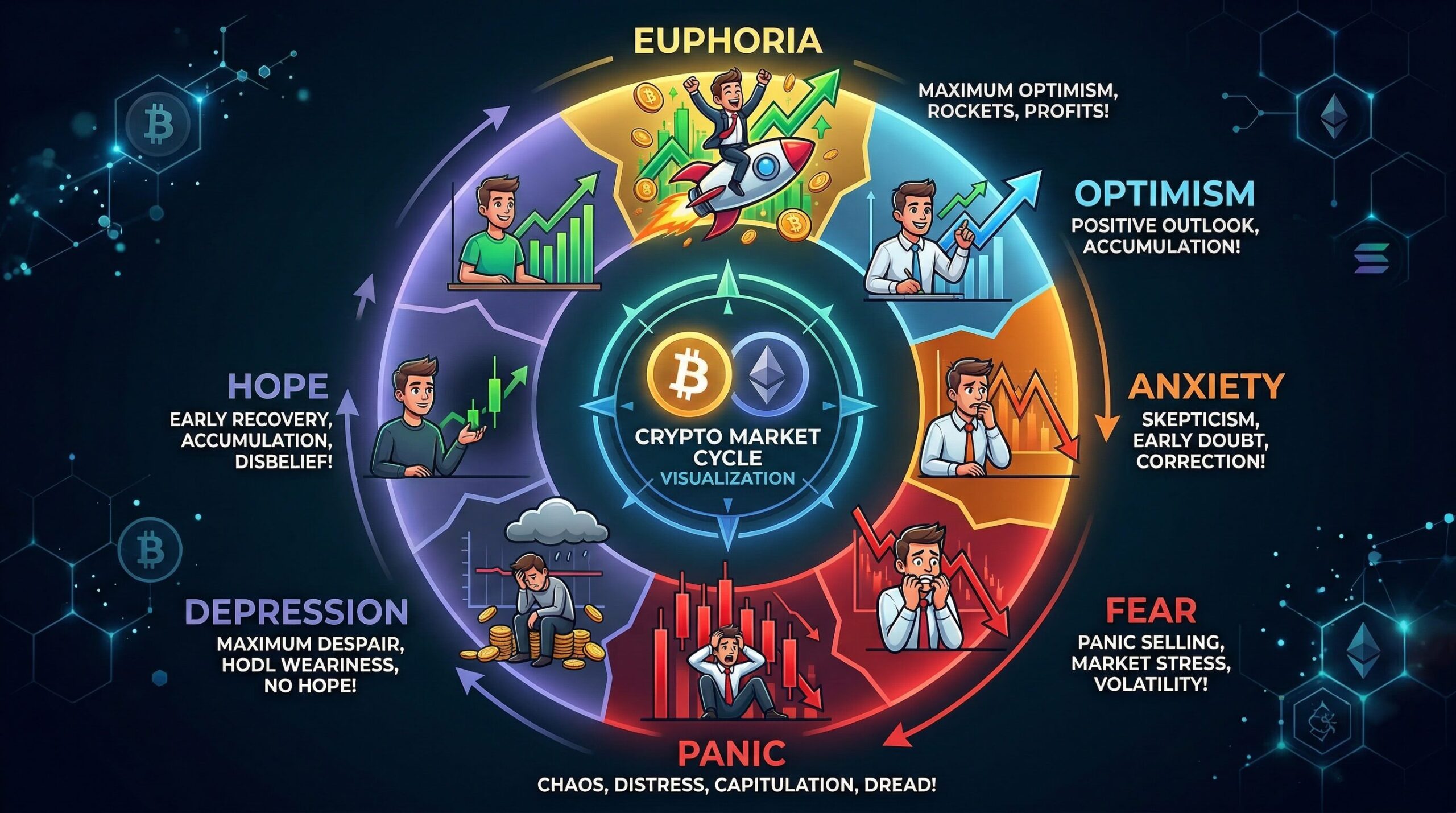 Crypto market fear and greed cycle visualization — emotional stages from euphoria to panic overlaid on a Bitcoin price chart, psychology of market cycles diagram