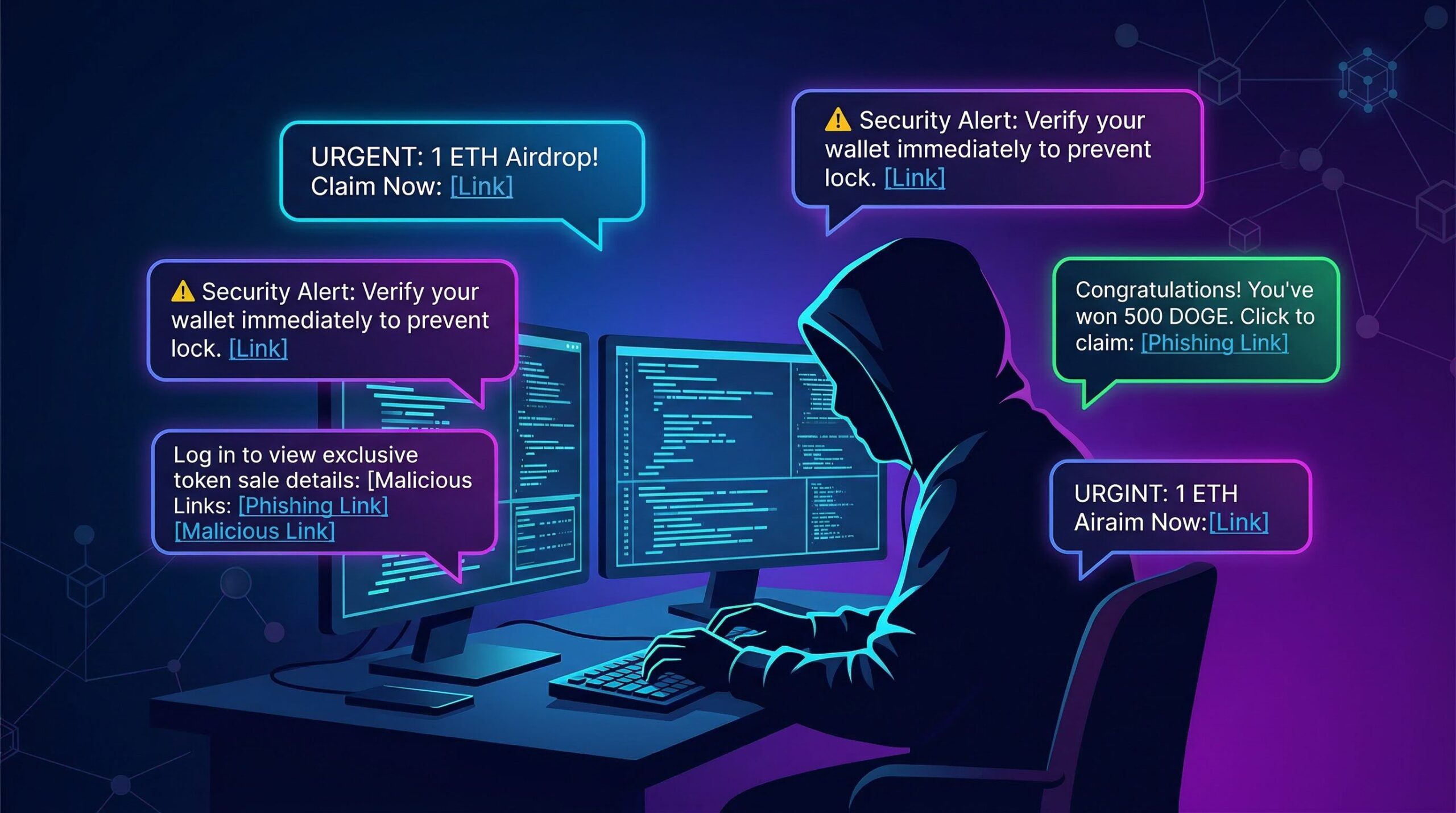 Hacker silhouette at keyboard with social media notification bubbles showing fake crypto giveaway and contract address alerts, digital threat visualization