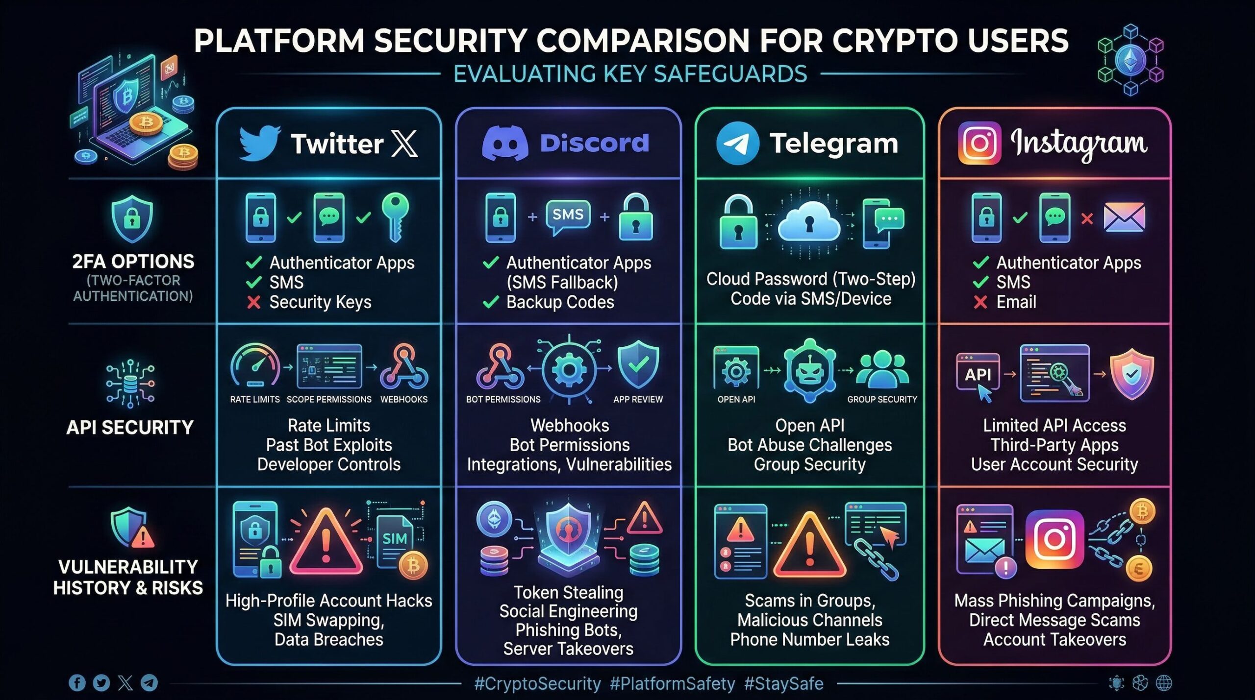 Platform security comparison infographic for X/Twitter, Discord, Telegram, Instagram showing security features, common vulnerabilities, and recommended settings for each platform