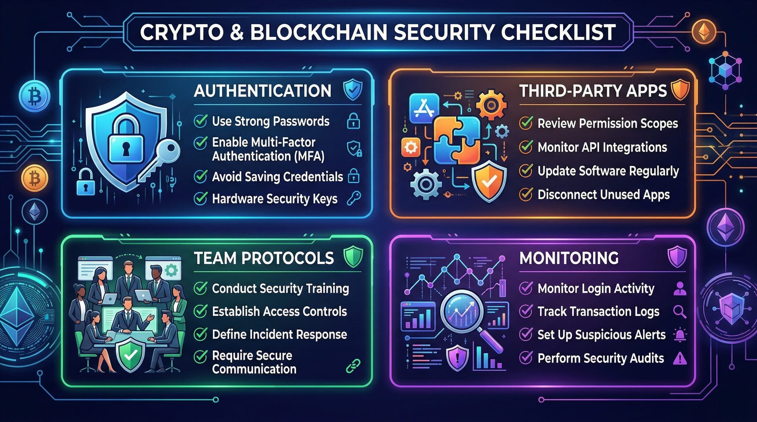 Security checklist graphic organized in four categories: Authentication, Third-Party Tools, Team Operations, Incident Response - with checkboxes and icons for each protection measure