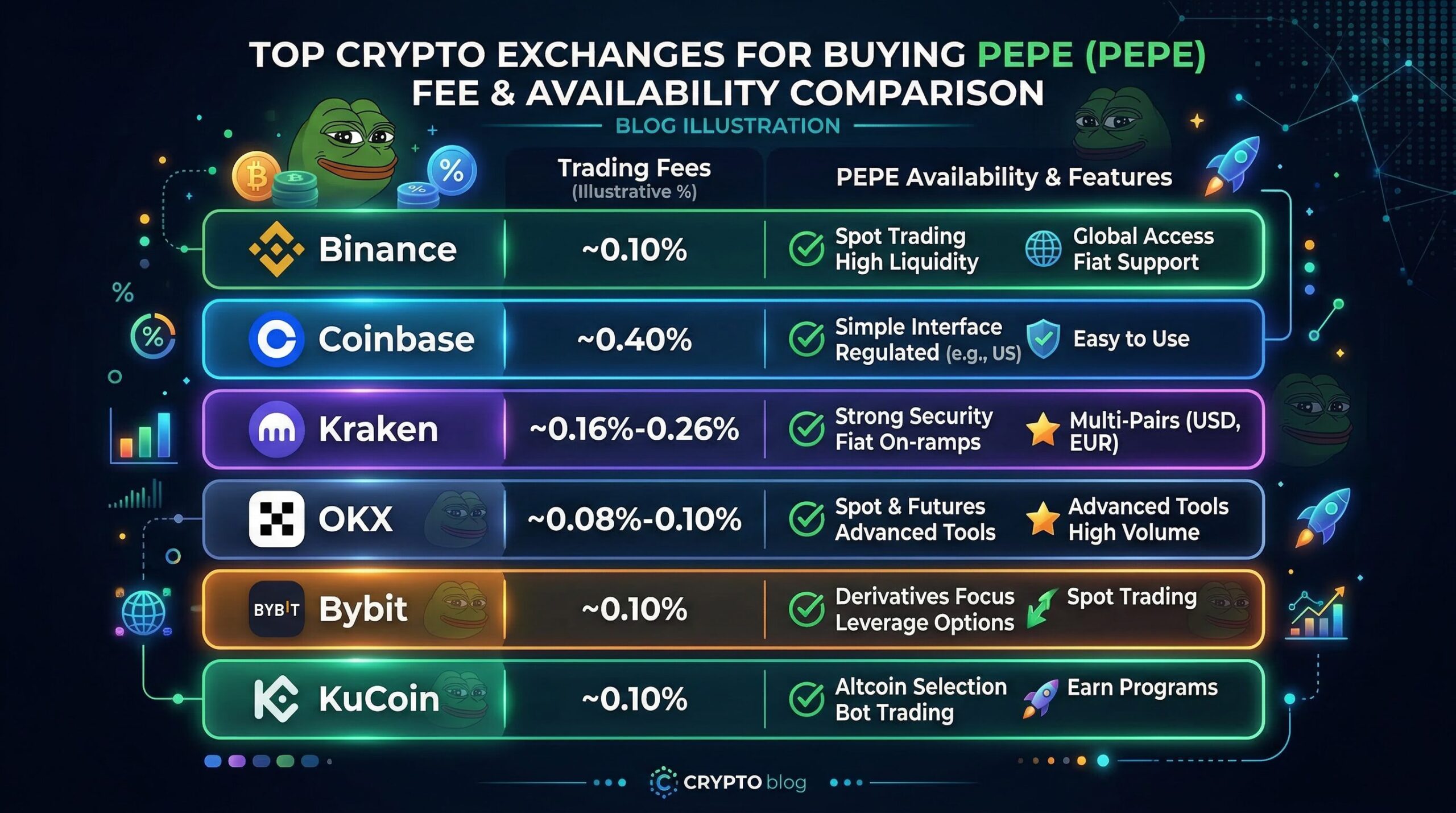 Comparison table graphic showing top crypto exchanges for buying PEPE: Binance, Coinbase, Kraken, OKX, Bybit, KuCoin with fee and availability details