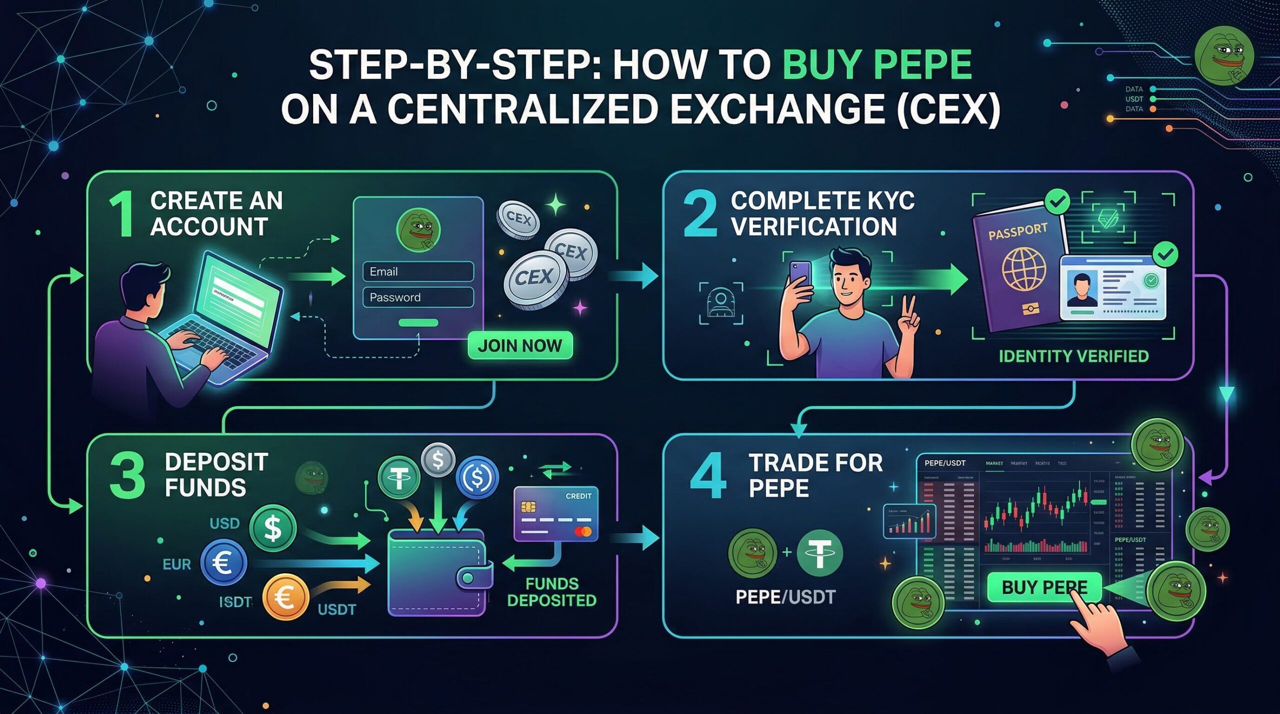 Step-by-step infographic showing the process of buying PEPE on a centralized exchange: account creation, KYC, deposit, trade