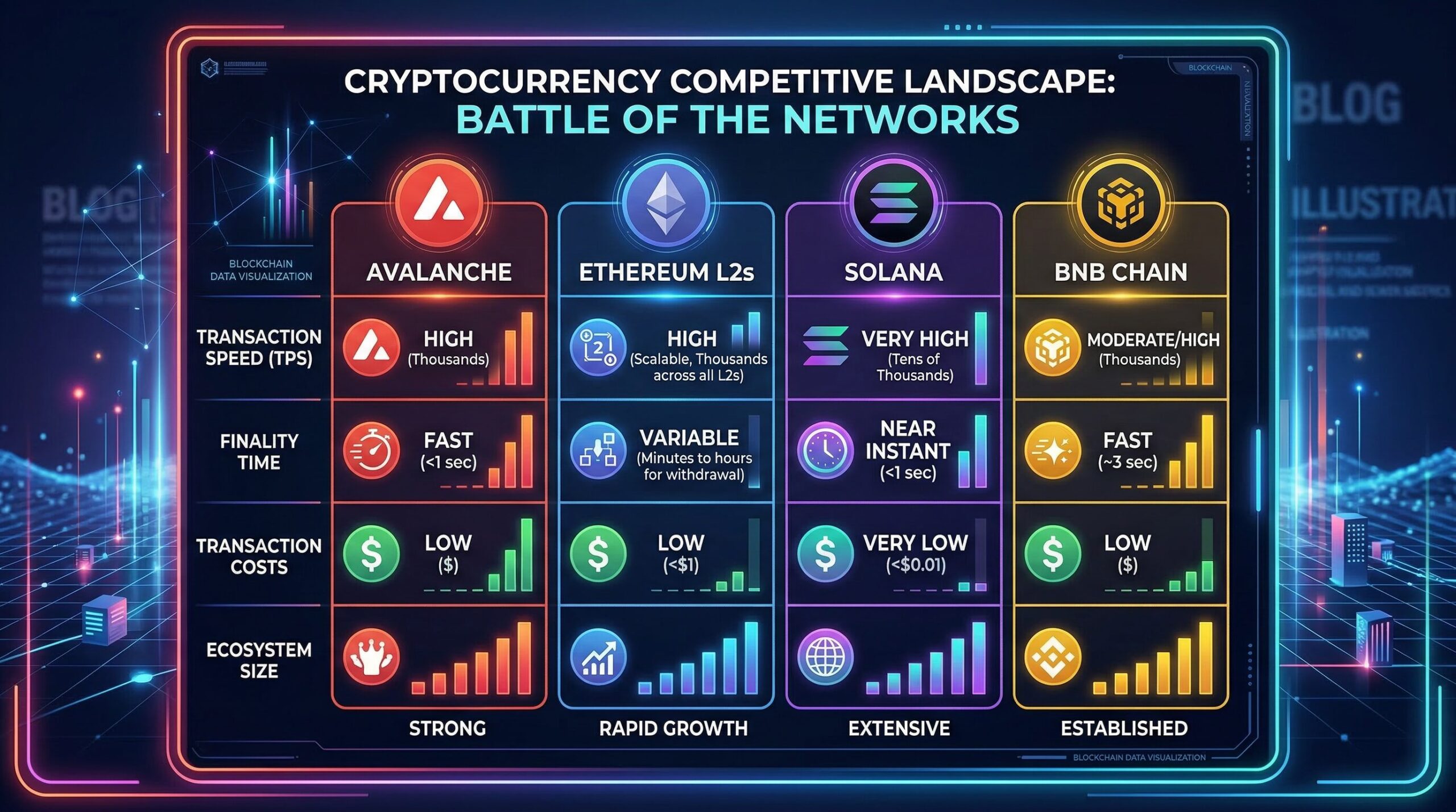 Competitive landscape comparison chart: Avalanche vs Ethereum L2s vs Solana vs BNB Chain showing TPS, finality time, transaction costs, and ecosystem size