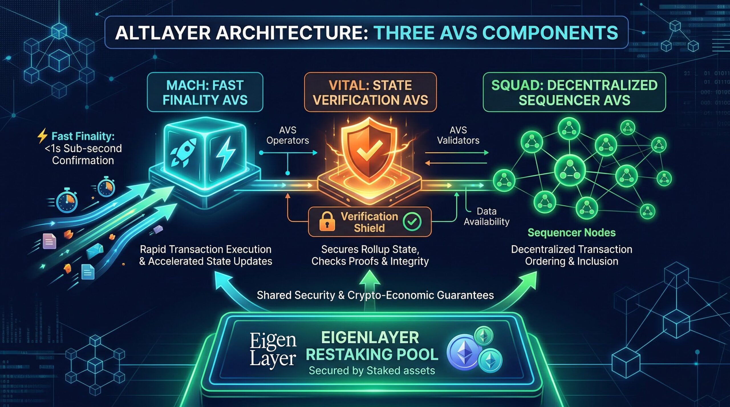 Architectural diagram of AltLayer's three AVS components: MACH (fast finality arrows showing sub-second confirmation), VITAL (verification shield), SQUAD (decentralized sequencer nodes), all connected to EigenLayer restaking pool