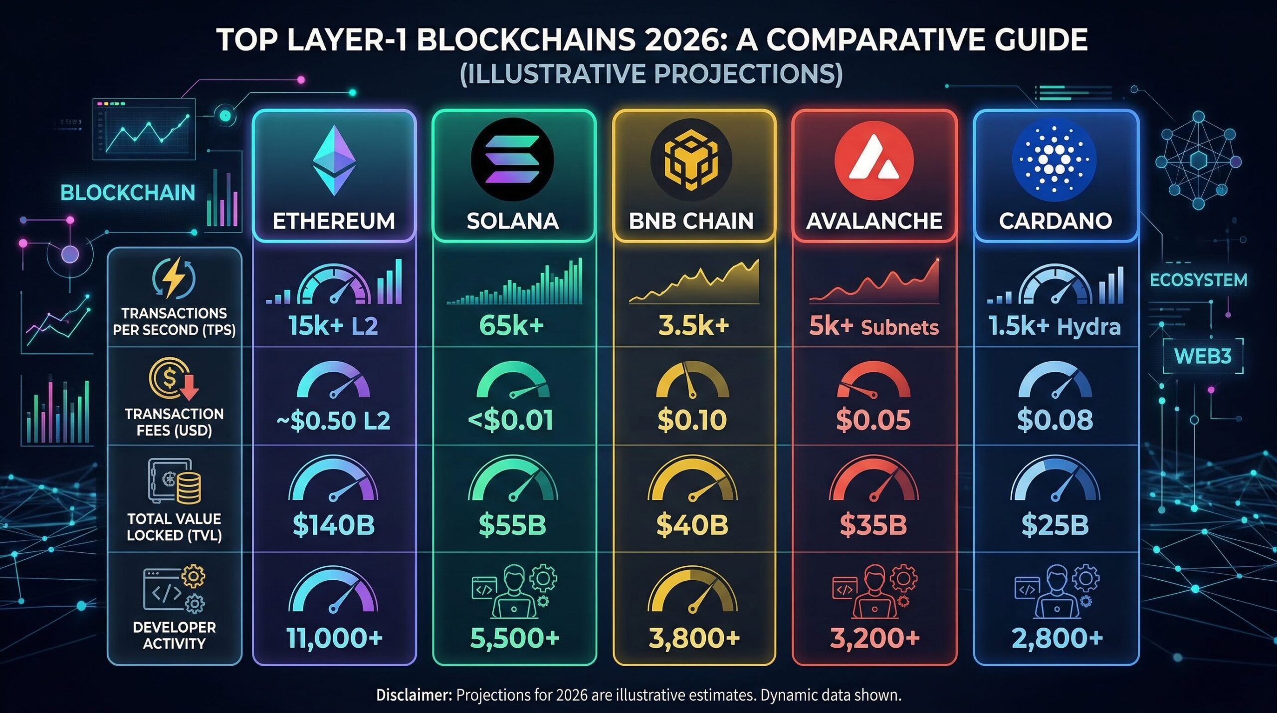 Comparison chart of top Layer-1 blockchains in 2026: Ethereum, Solana, BNB Chain, Avalanche, Cardano — columns showing market cap, TVL, TPS, consensus mechanism, EVM compatibility