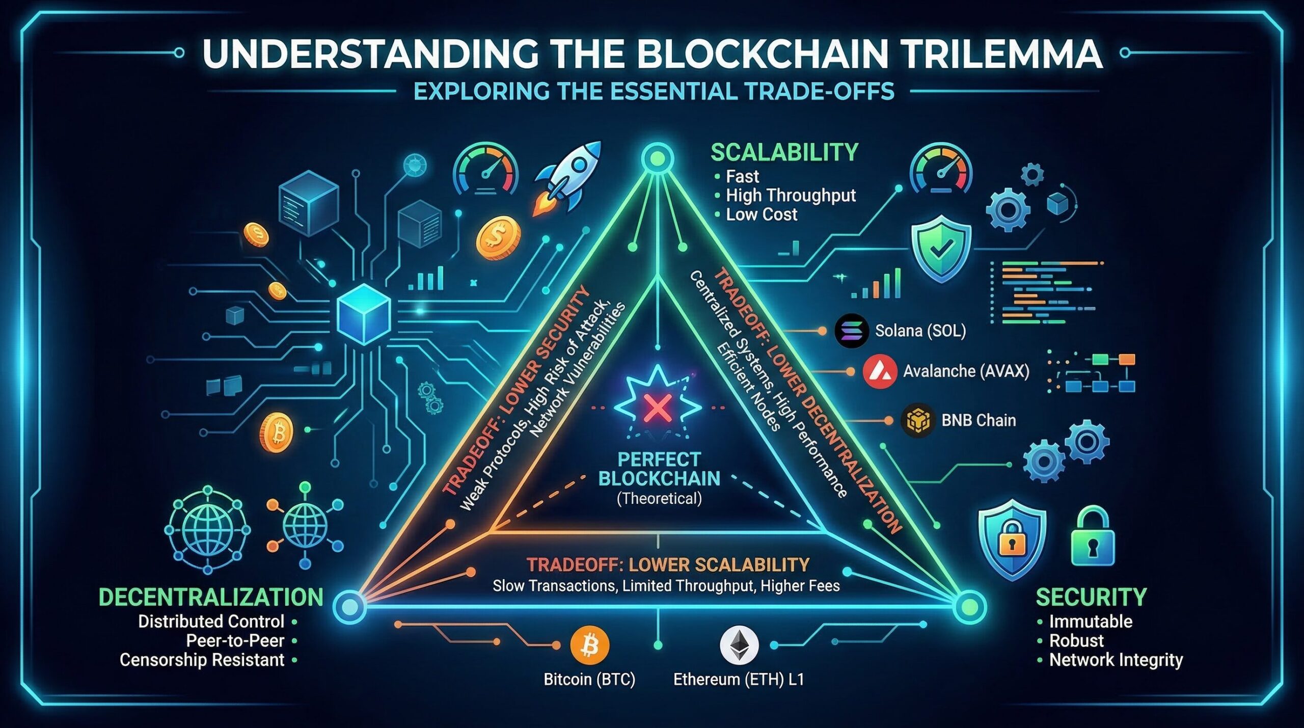 Blockchain trilemma triangle diagram showing Scalability, Security, and Decentralization at each corner, with markers showing where different L1s position themselves (Bitcoin top right, Ethereum center, Solana top left)