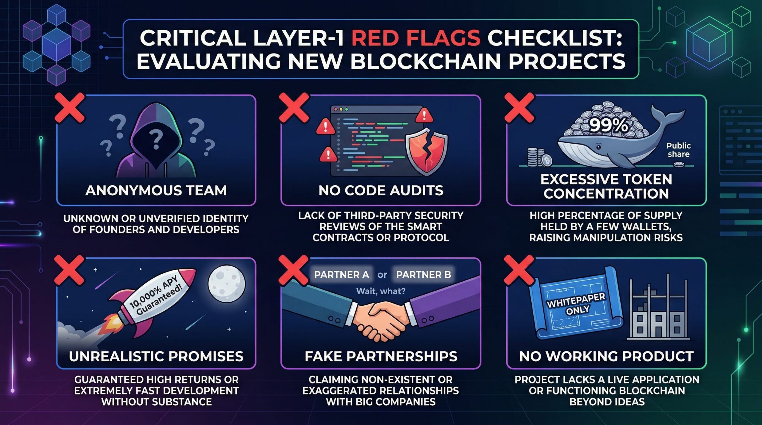 Red flags warning checklist graphic for Layer-1 evaluation: 6 warning signs shown with icons — anonymous team, trilemma claims, price-focus, missing docs, artificial urgency, undisclosed paid promotions