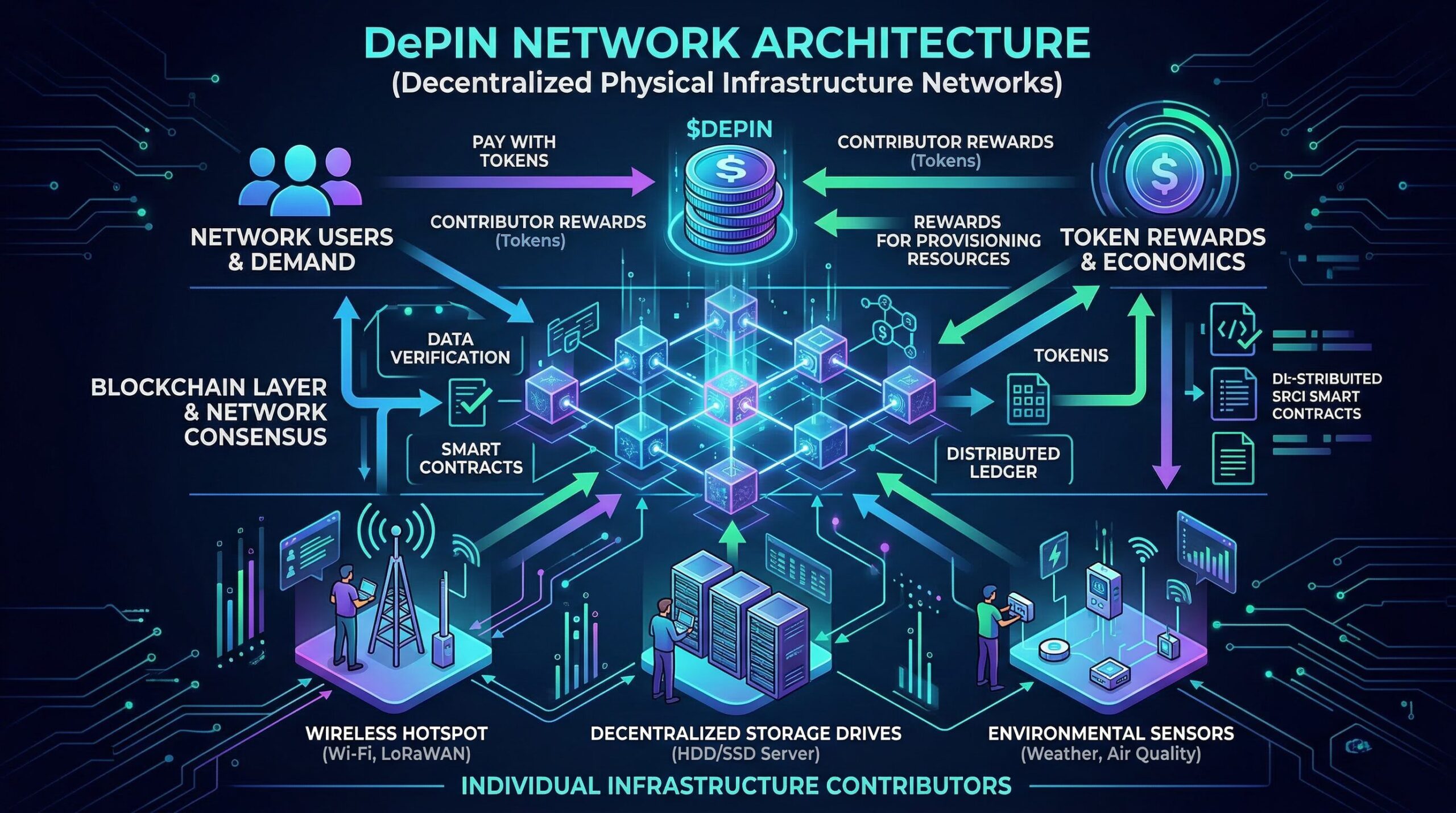 Diagram showing DePIN network architecture with individual contributors providing hardware (hotspots, GPUs, hard drives, cameras) connected to a blockchain coordination layer, with businesses consuming services on the right side