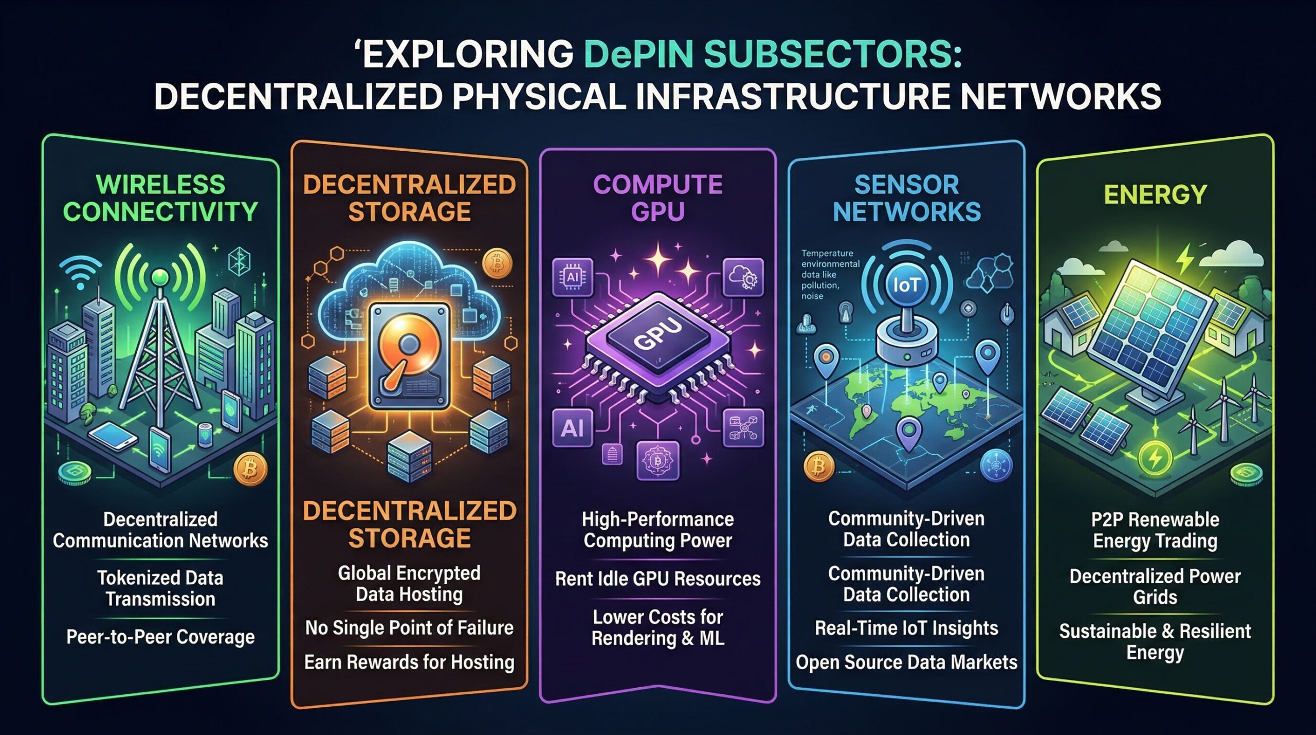 Five-panel infographic showing DePIN subsectors: wireless/connectivity (antenna icon), storage (hard drive icon), compute (GPU chip icon), mapping/mobility (map pin icon), energy (lightning bolt icon) — each panel with a brief description
