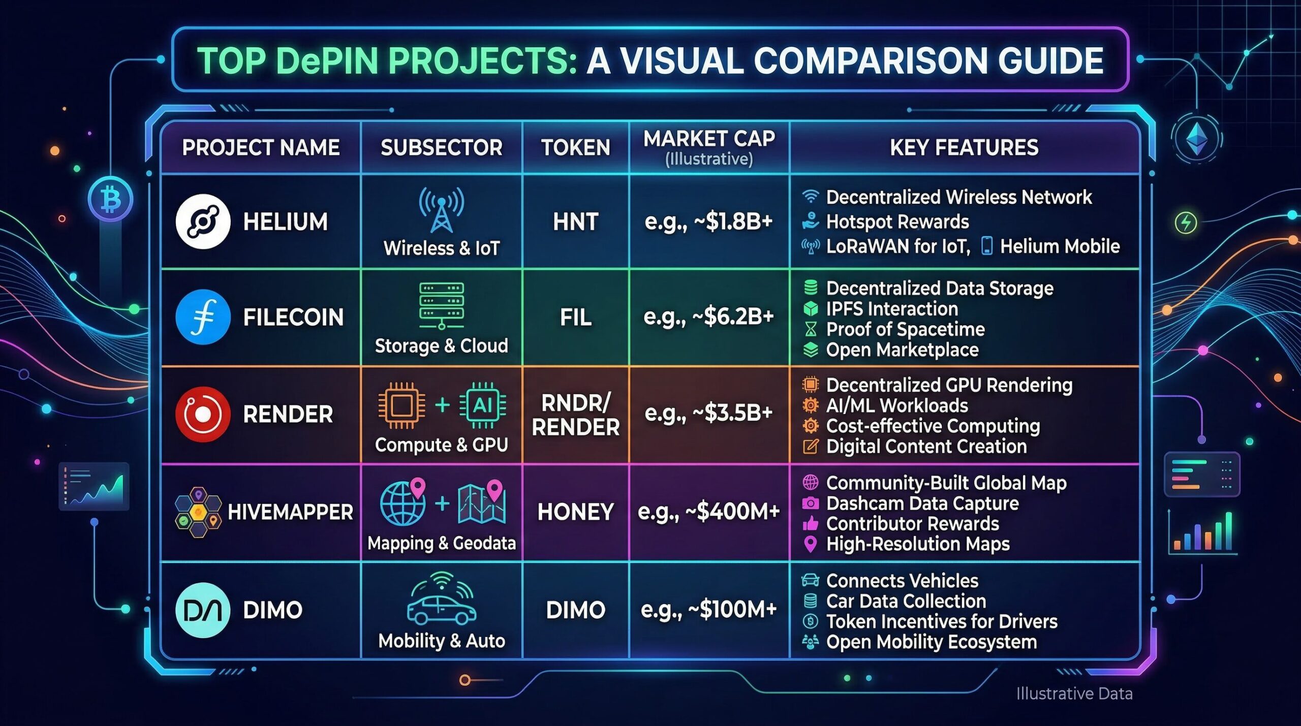 Comparison table visualization: top DePIN projects with columns for project name, subsector, key 2026 metric, and token symbol — styled as a professional data table with blockchain-themed design