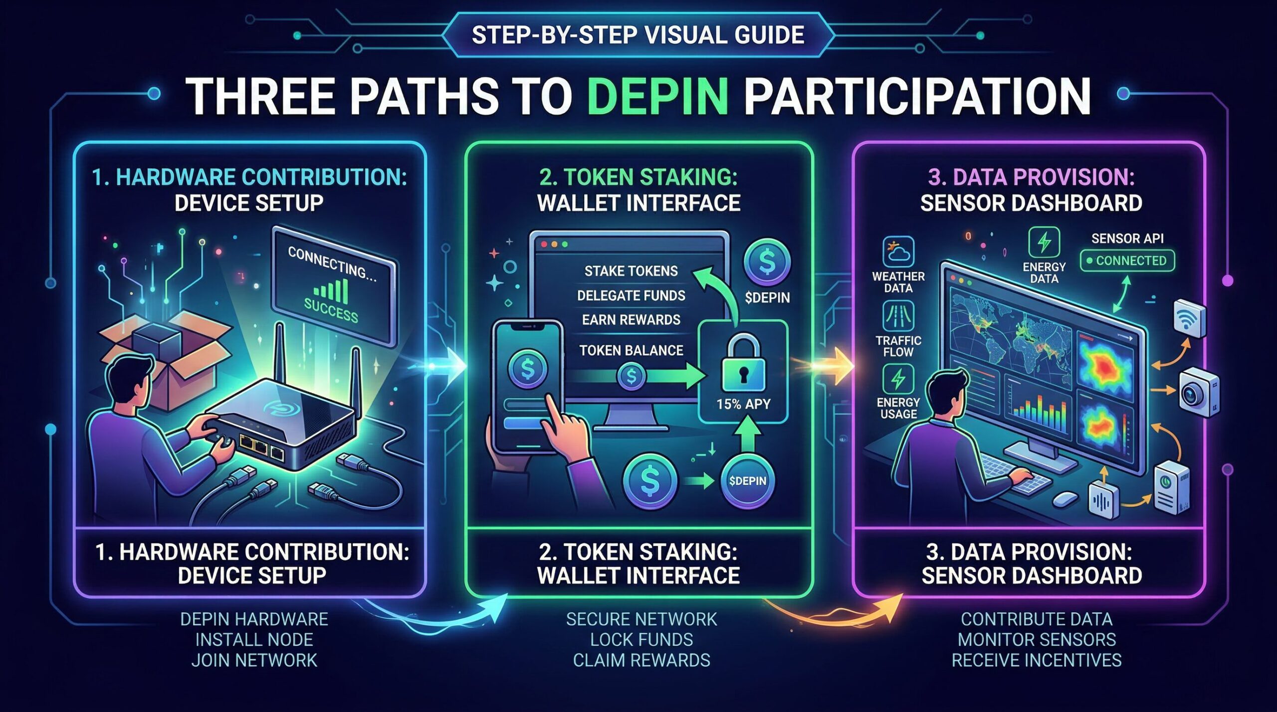 Step-by-step visual showing three paths to DePIN participation: hardware contributor path (person setting up a hotspot), token investor path (cryptocurrency wallet interface), and service buyer path (business API connection diagram)