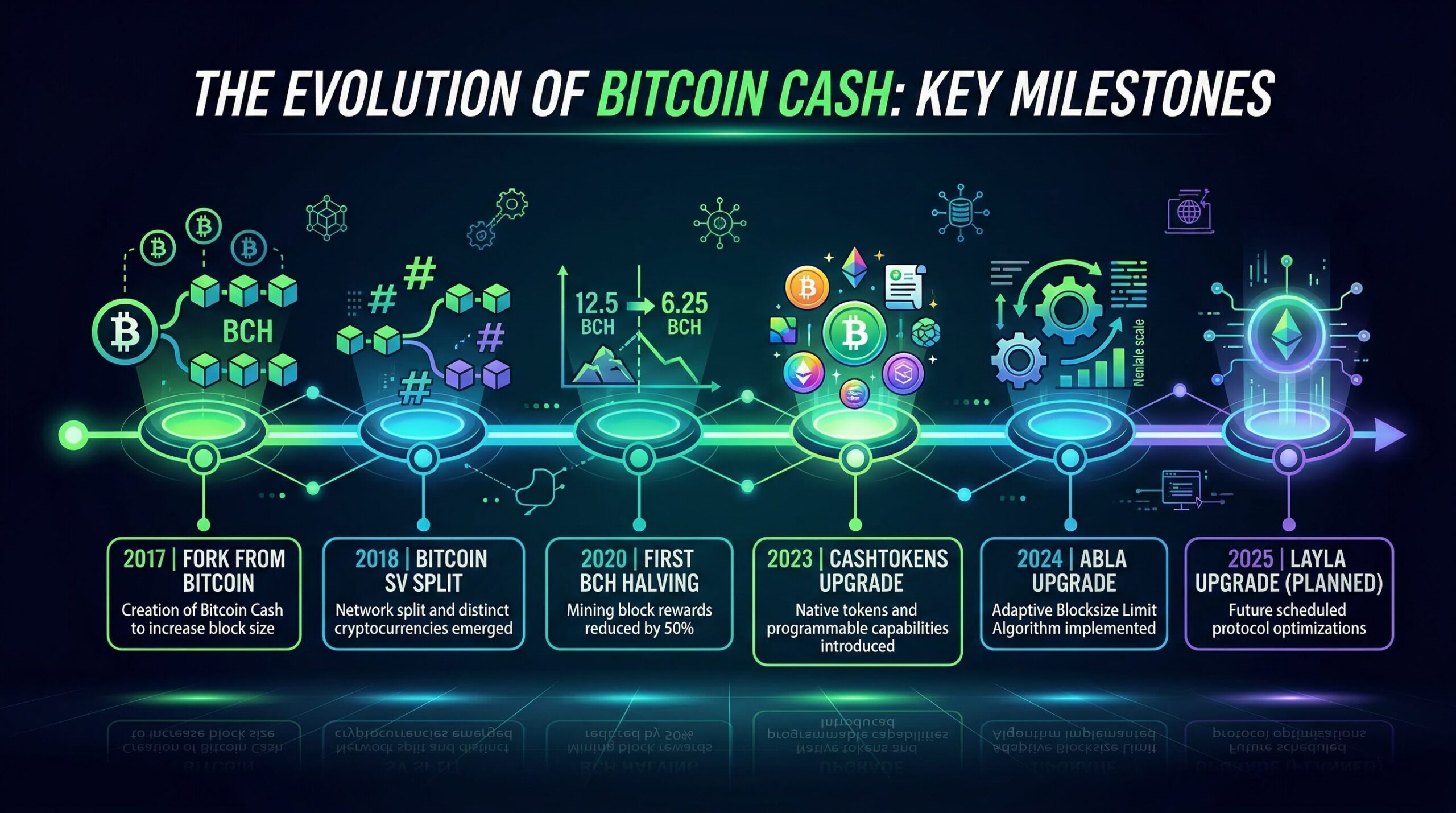Timeline graphic showing Bitcoin Cash history milestones: 2017 fork from Bitcoin, 2018 BSV split, 2020 eCash fork, 2023 CashTokens, 2026 Layla upgrade