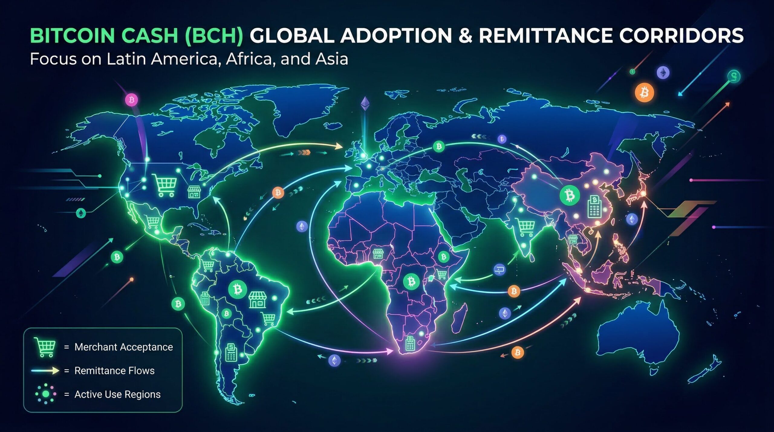 World map visualization showing Bitcoin Cash merchant adoption regions and remittance corridors, highlighting Southeast Asia, Latin America, and Africa