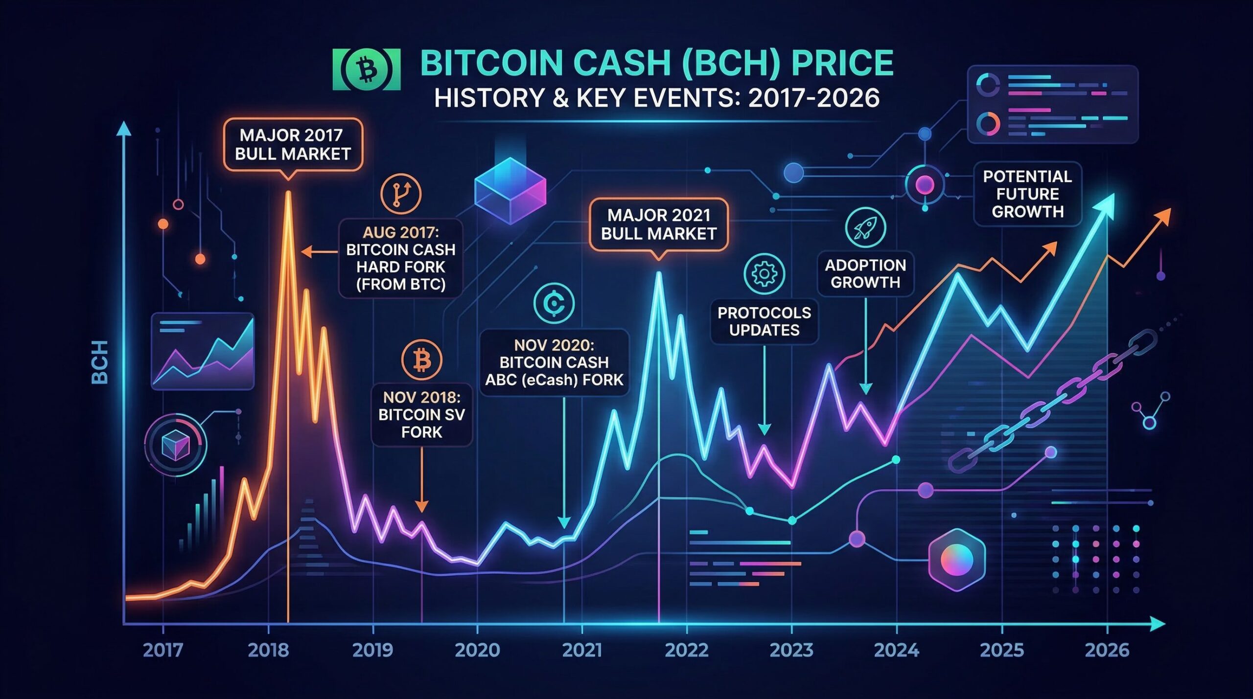 BCH price history chart from 2017 to 2026, showing major bull markets (2017, 2021, 2025) and bear market corrections