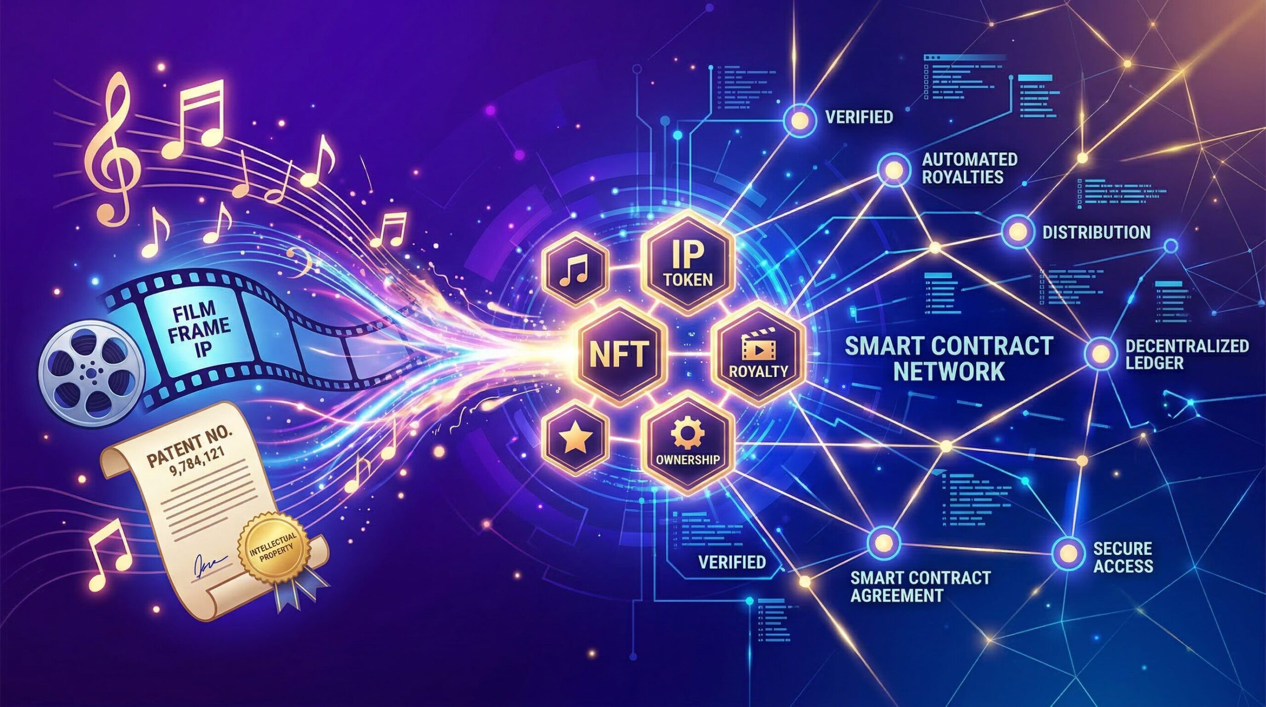 Abstract visualization showing a creative work (music note, film frame, patent document, artwork) transforming into a blockchain token, with smart contract connections radiating outward to multiple licensees and royalty payment flows