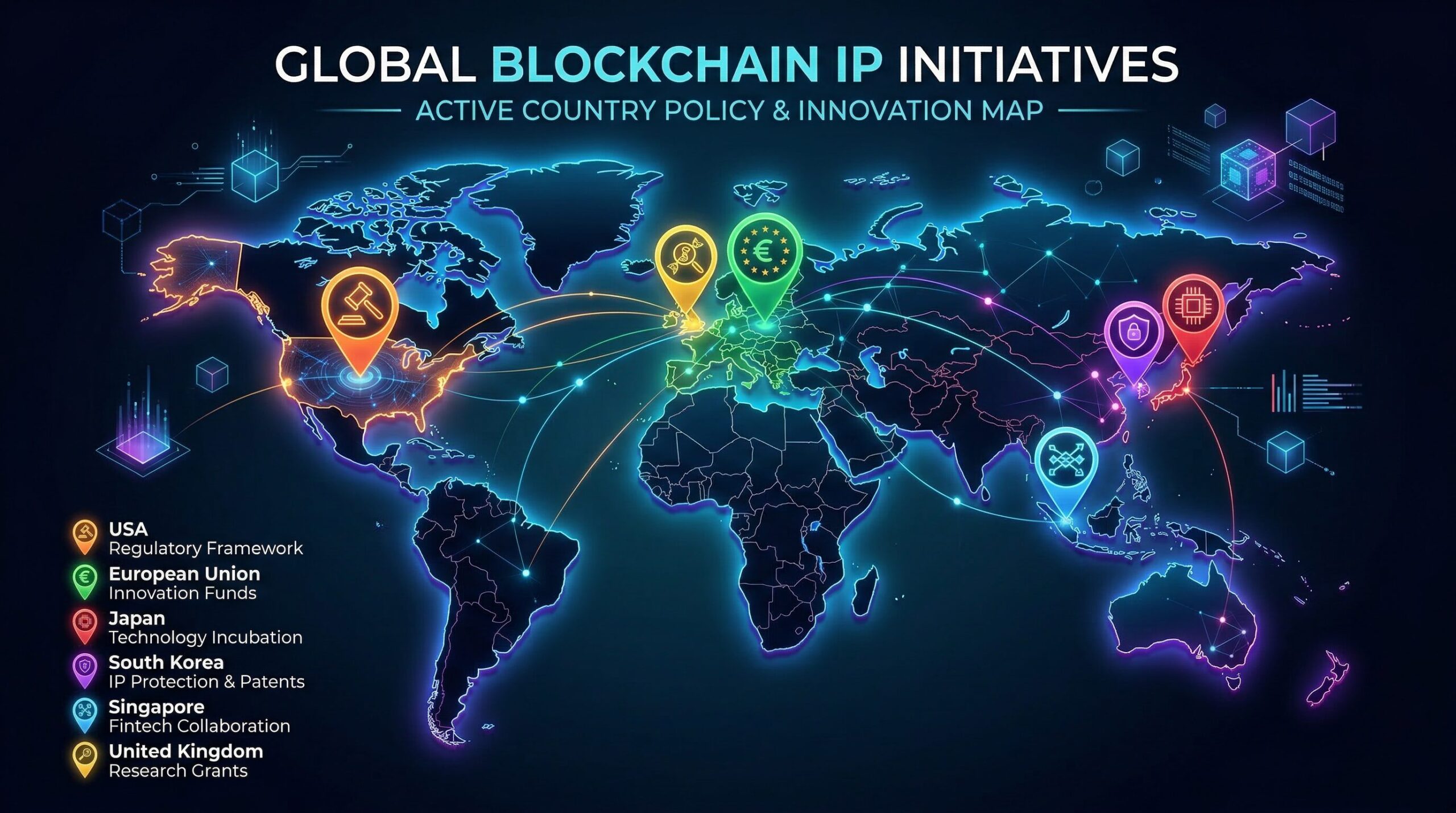 World map showing countries with active blockchain IP initiatives highlighted: US in blue (Copyright Office study), EU in green (Regulatory Sandbox), China in red (national platform), Germany and Singapore in purple (patent pilots), India in orange (NIC integration)