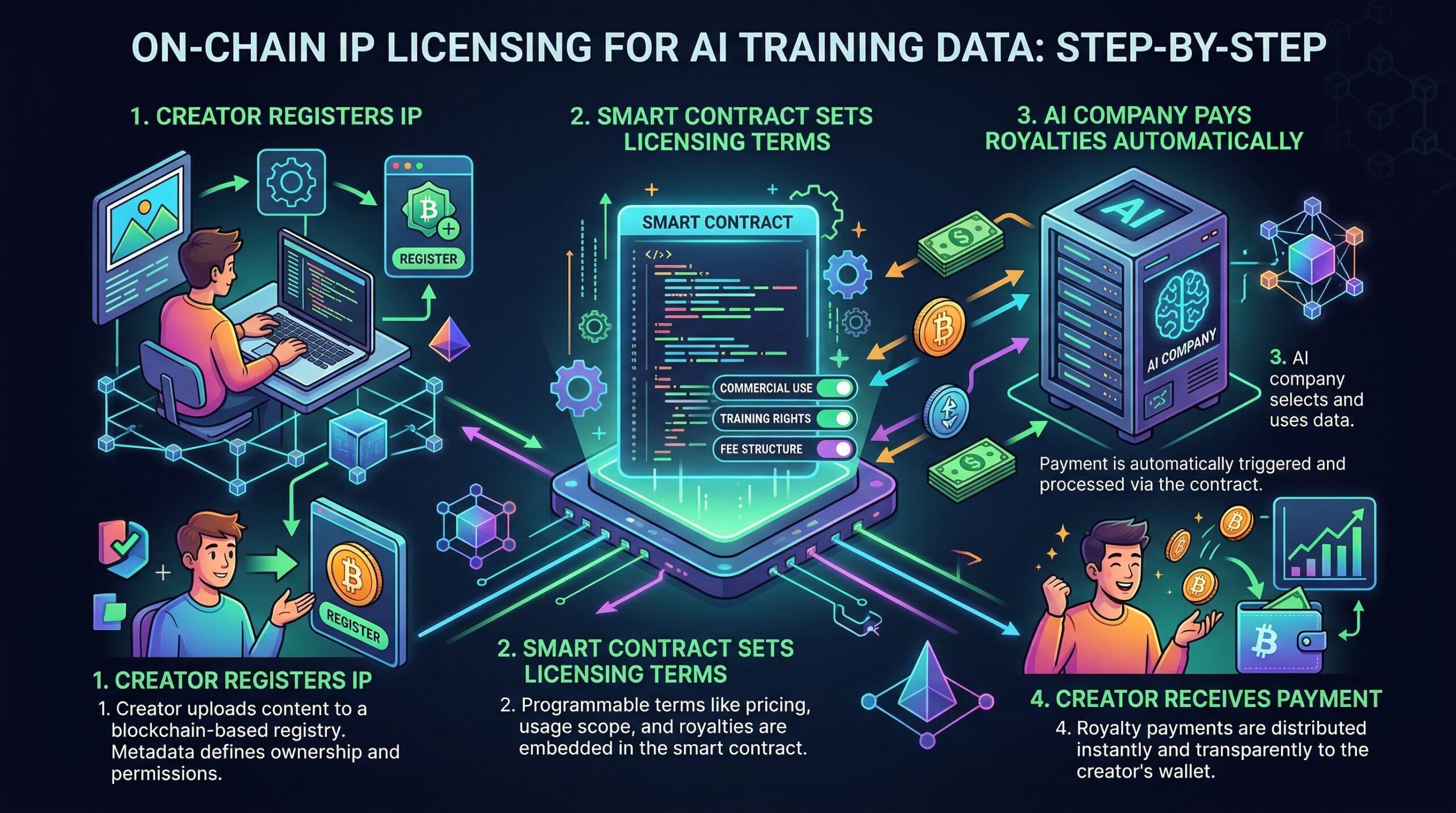 Step-by-step diagram showing how on-chain IP licensing works for AI training data: Step 1 creator registers work with blockchain hash, Step 2 AI company purchases license via smart contract, Step 3 model trains on licensed data, Step 4 royalties automatically distributed to creator wallet