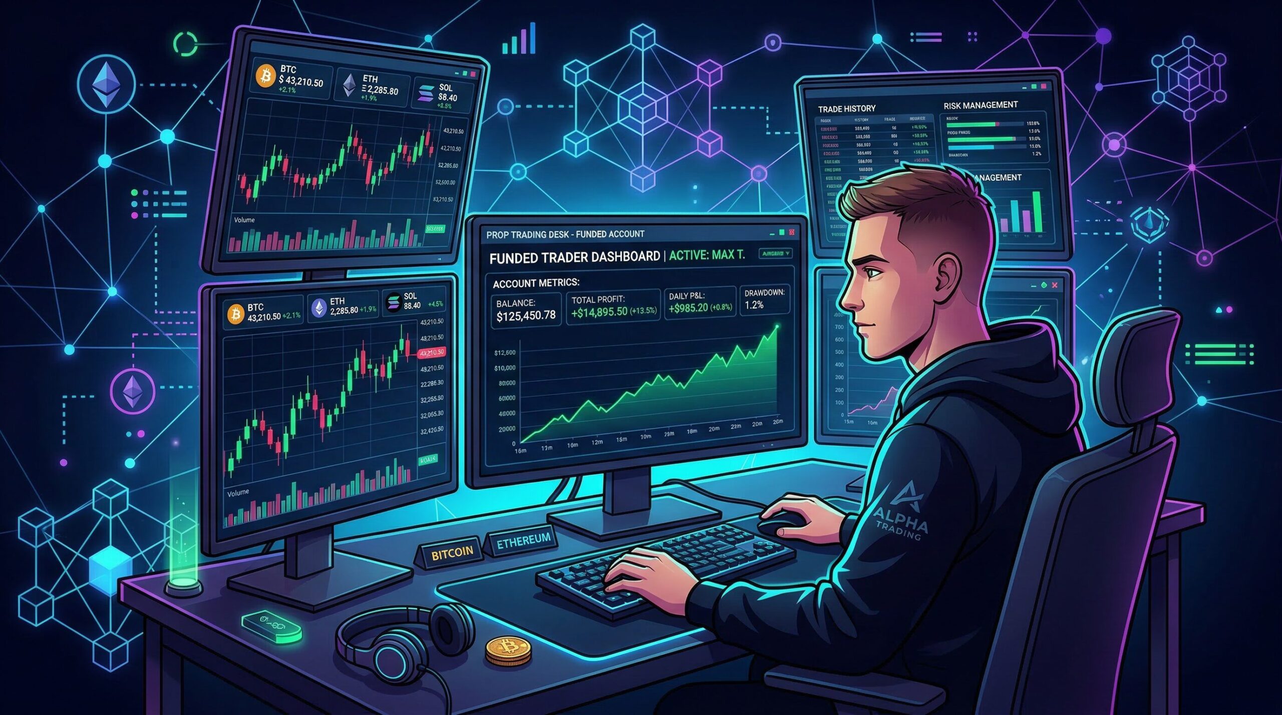 Crypto prop trading concept illustration: multiple cryptocurrency symbols (BTC, ETH, SOL) floating above a trading interface, with funded account badge showing approved capital amount and profit split percentage