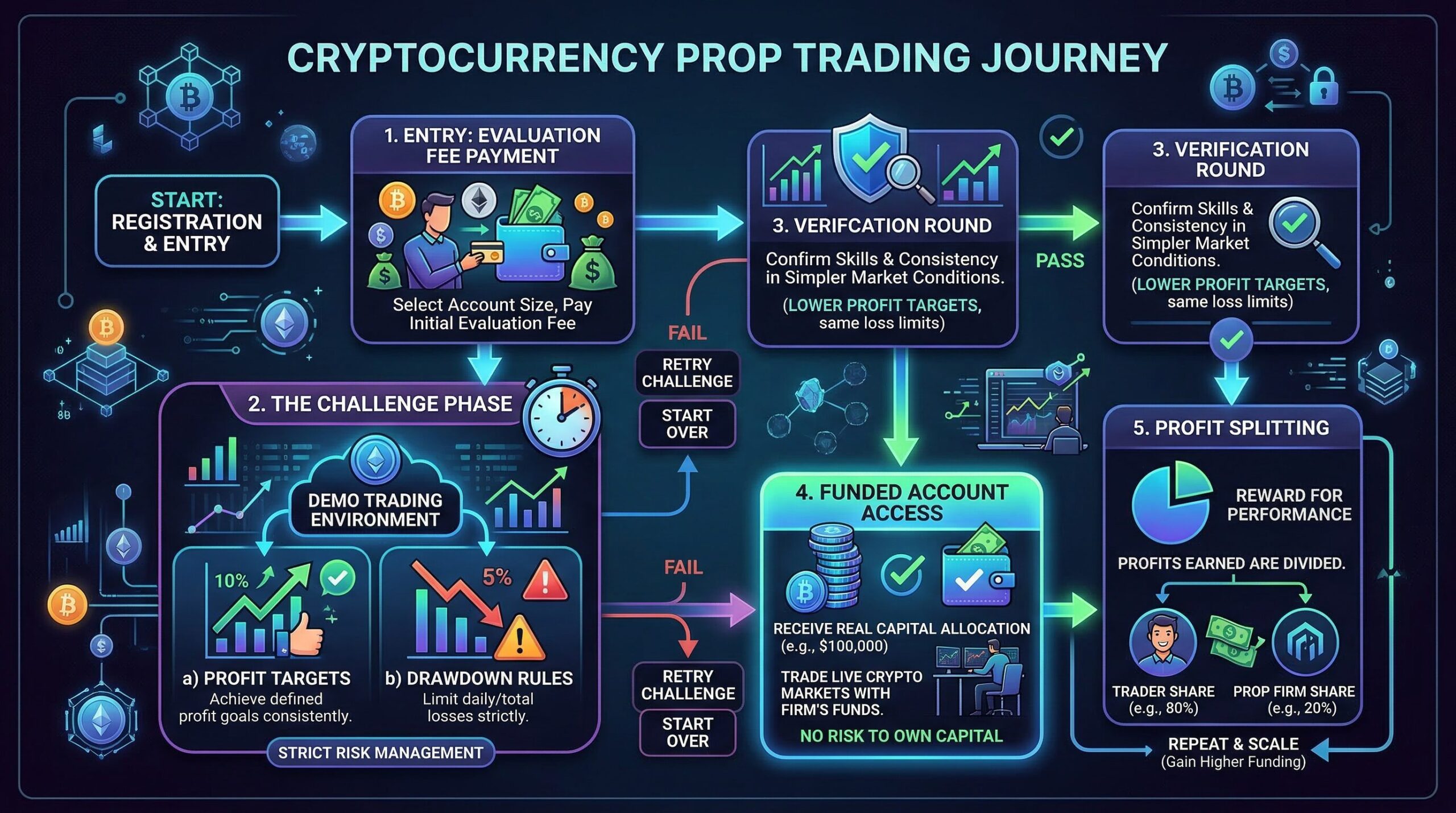 Flowchart showing the prop trading journey: Entry (evaluation fee payment) → Challenge Phase (profit target meter) → Verification → Funded Account (capital badge) → Payout (wallet icon) → Scaling (upward arrow) — clean step-by-step infographic
