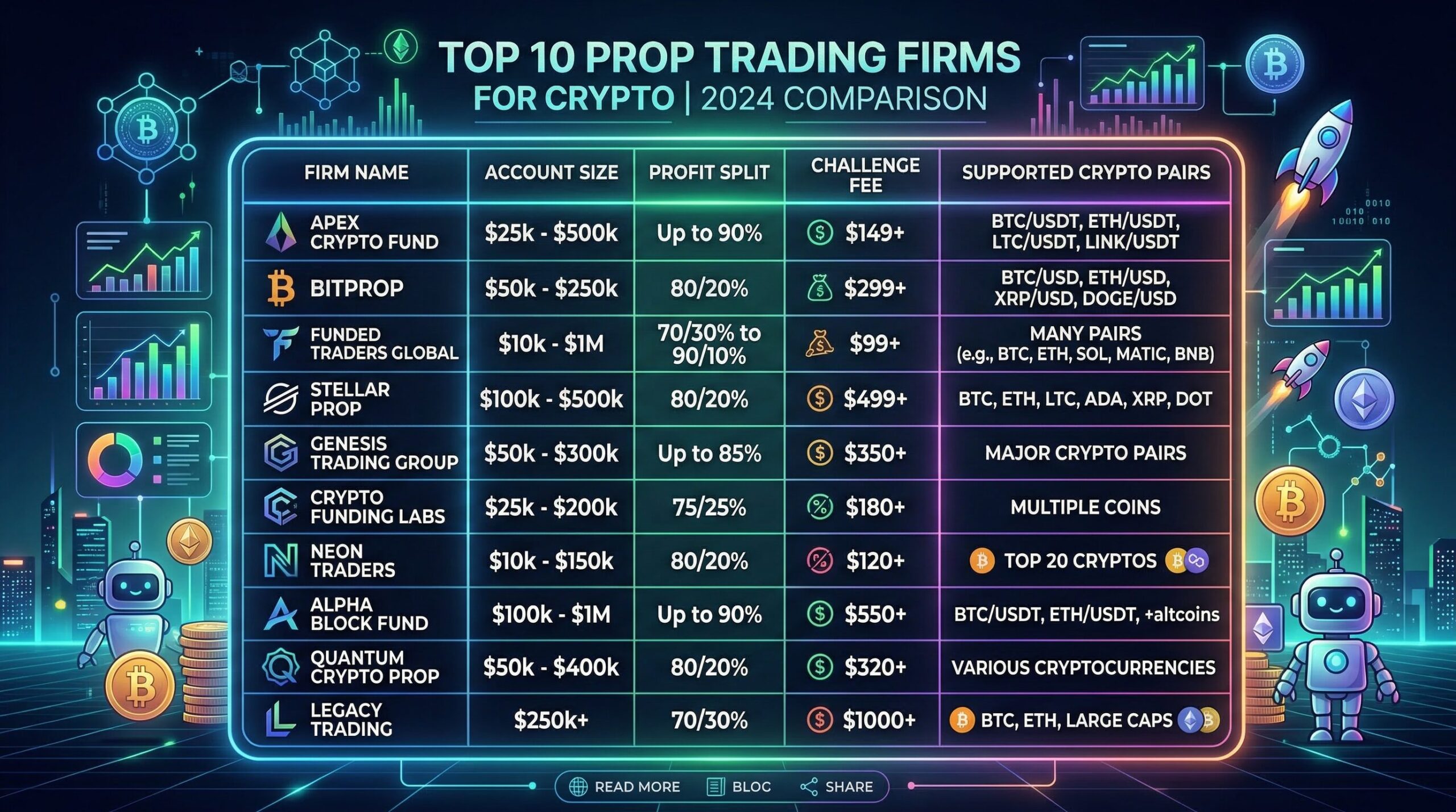 Comparison table visualization of the 10 prop trading firms: colorful grid showing firm logos/names, max funded amount, profit split percentage, crypto pair count, and payout speed badges — professional data table design