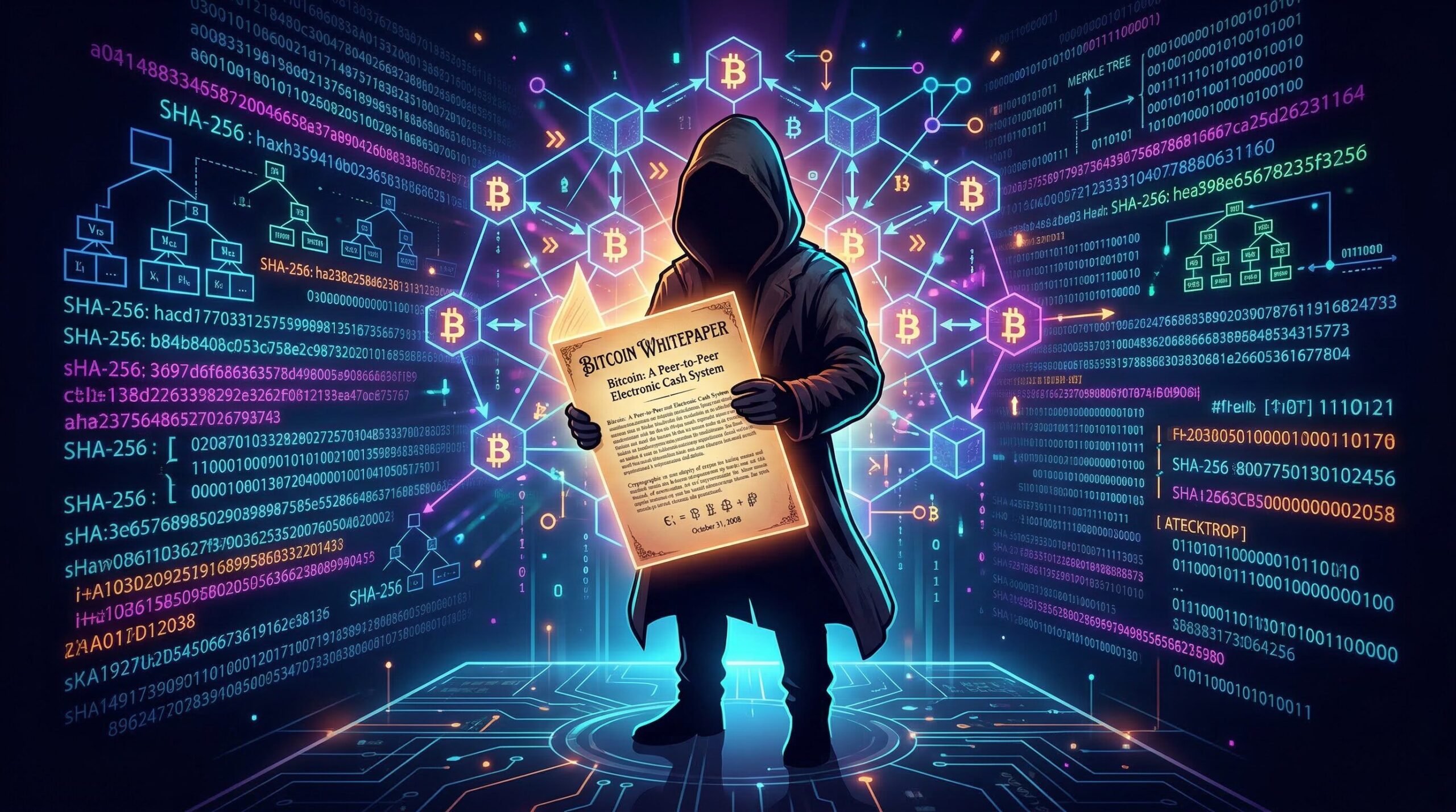 Satoshi Nakamoto anonymous figure silhouette with Bitcoin whitepaper document and glowing digital code in background, mysterious atmospheric lighting